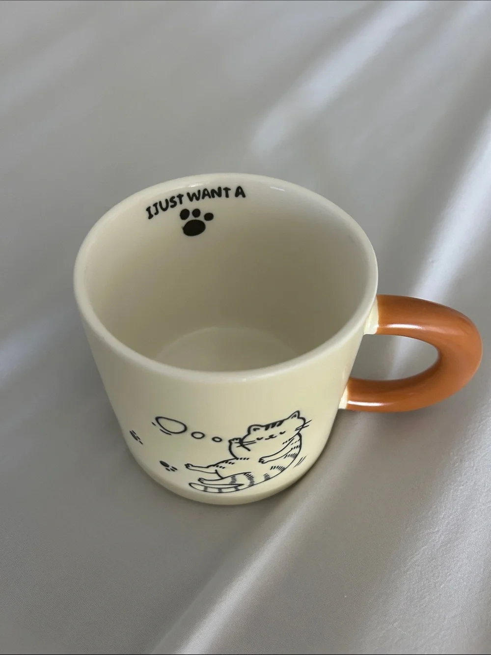Cream Cat Print Ceramic Mug with Orange Handle